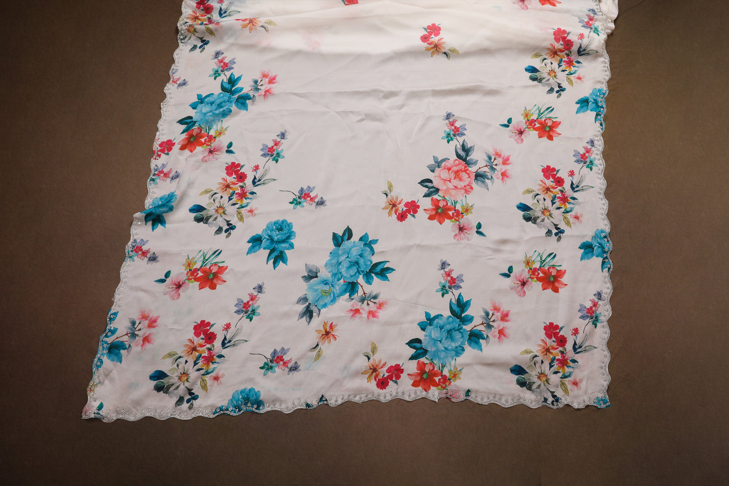 White zarkan work saree in digital floral print