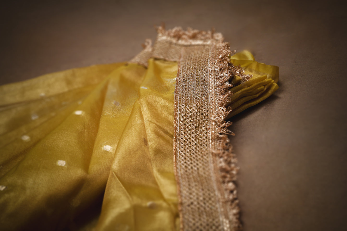 Yellow Banarasi Tissue saree with Zari Buti And Kiran lace