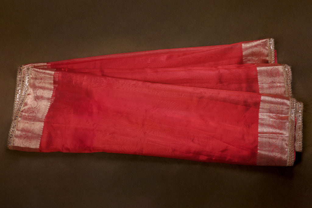 Red Tissue Saree with Golden Woven borders and Lace