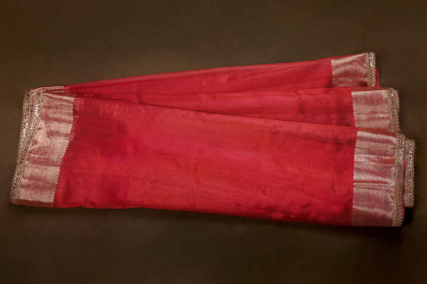 Red Tissue Saree with Golden Woven borders and Lace