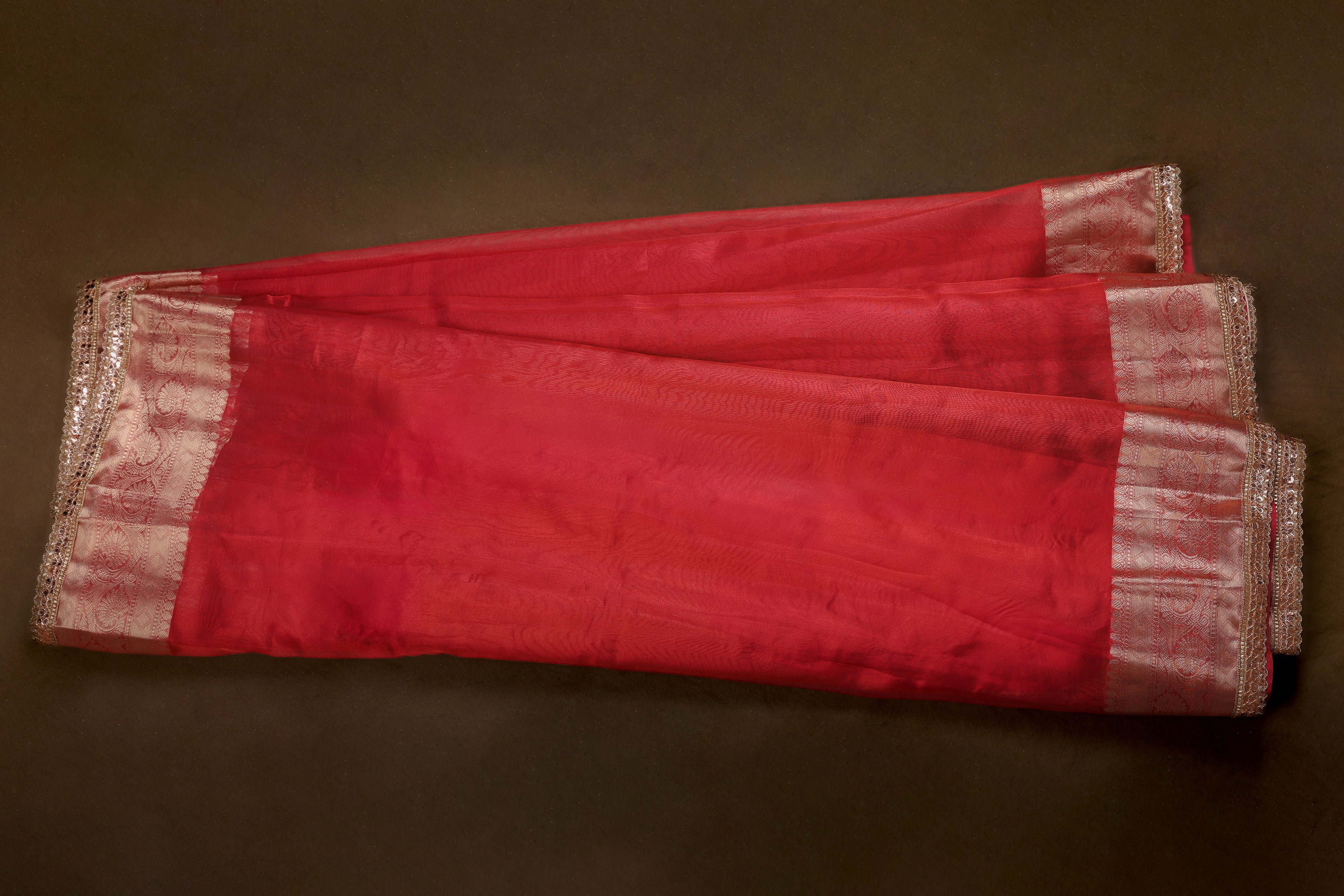 Red Tissue Saree with Golden Woven borders and Lace