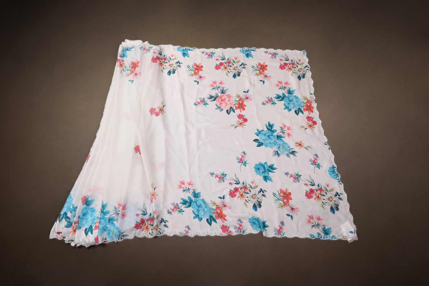 White zarkan work saree in digital floral print