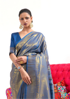 Kanjivaram Blue and Golden Embroidered Handloom Weaving Saree