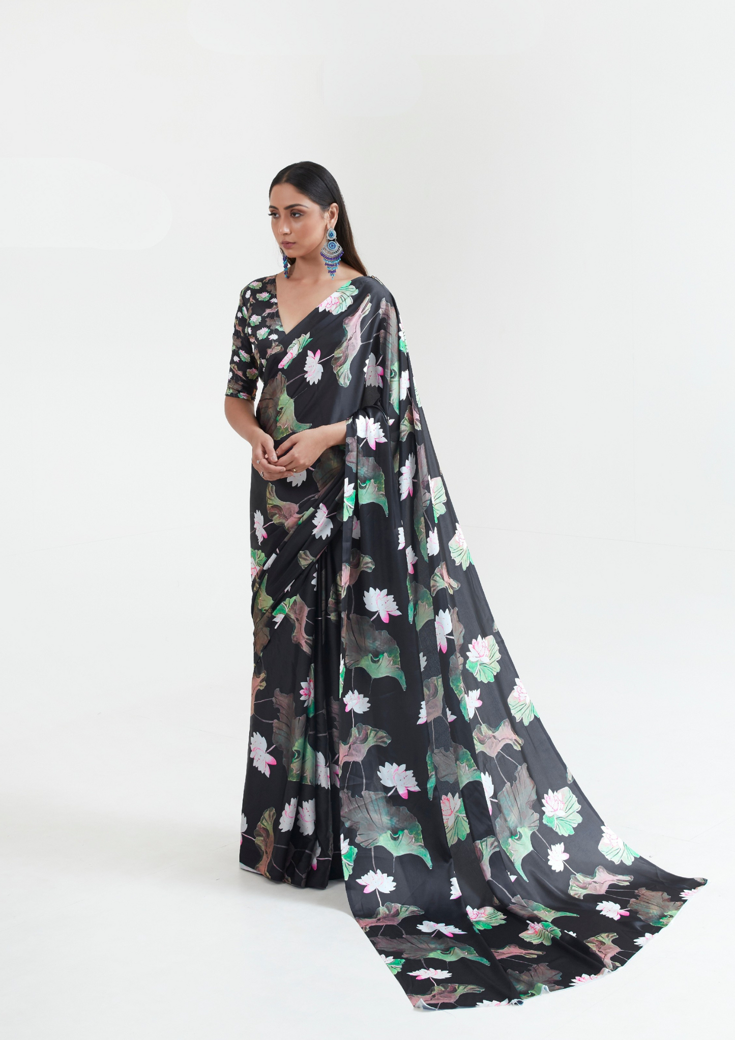 Black and Floral Digital Print Saree