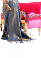 Kanjivaram Blue and Golden Embroidered Handloom Weaving Saree