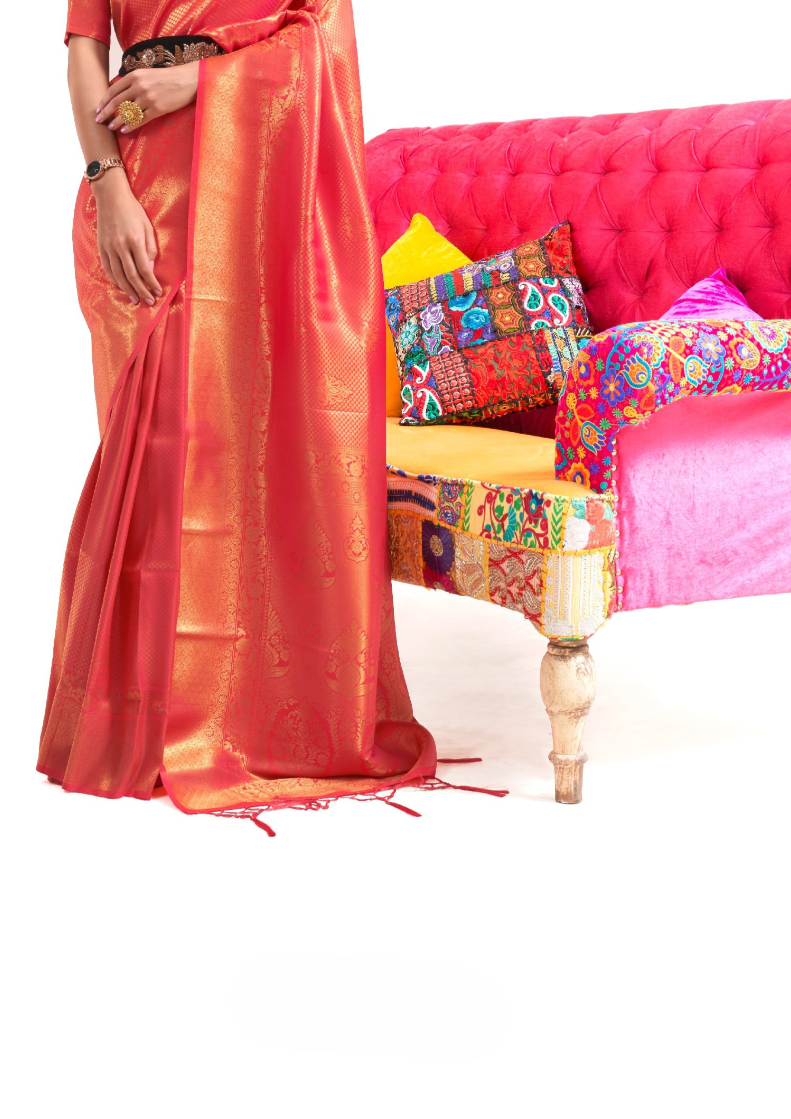 Kanjivaram Orange Handloom Weaving Saree