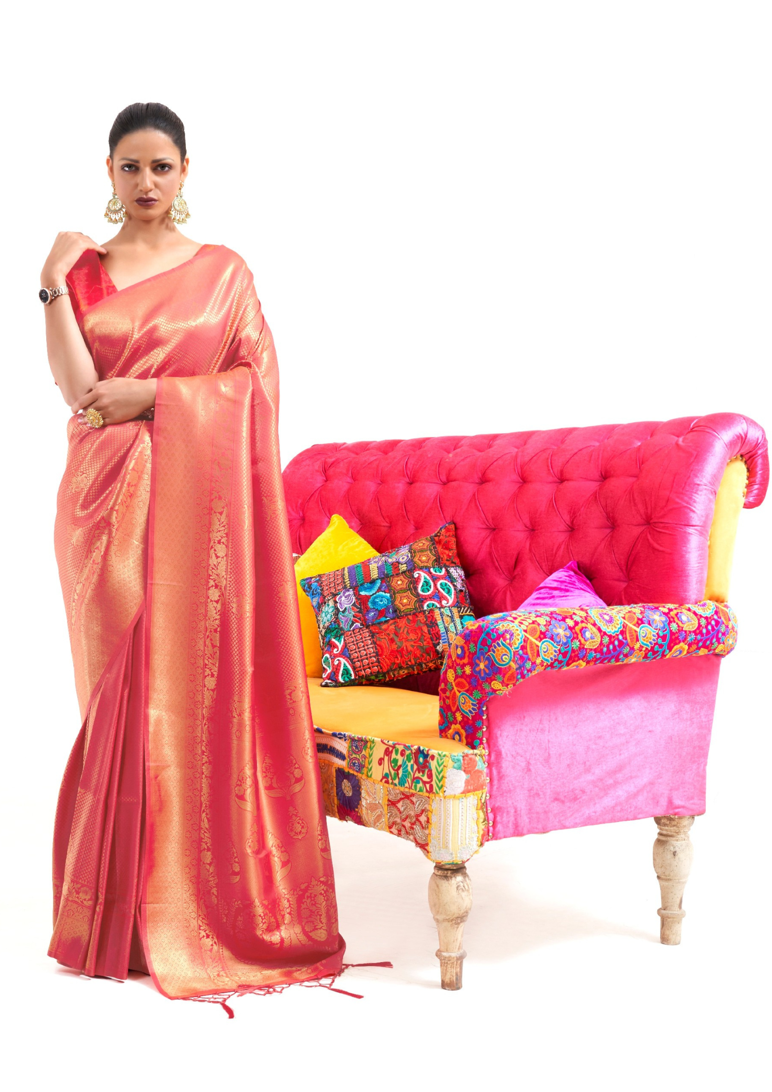 Kanjivaram Orange Handloom Weaving Saree