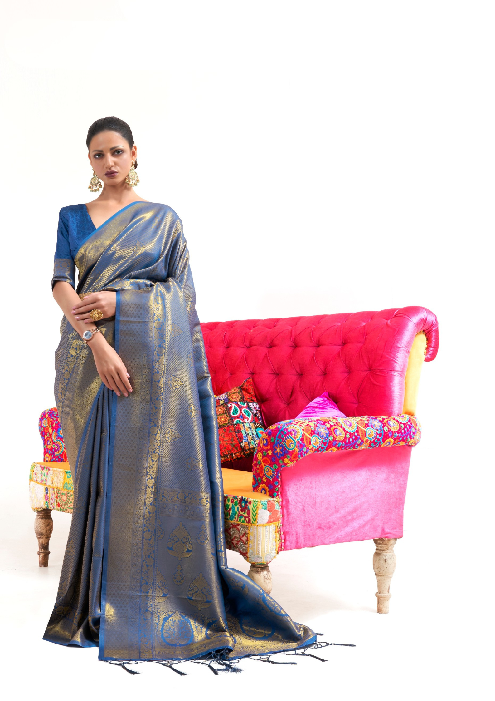 Kanjivaram Blue and Golden Embroidered Handloom Weaving Saree