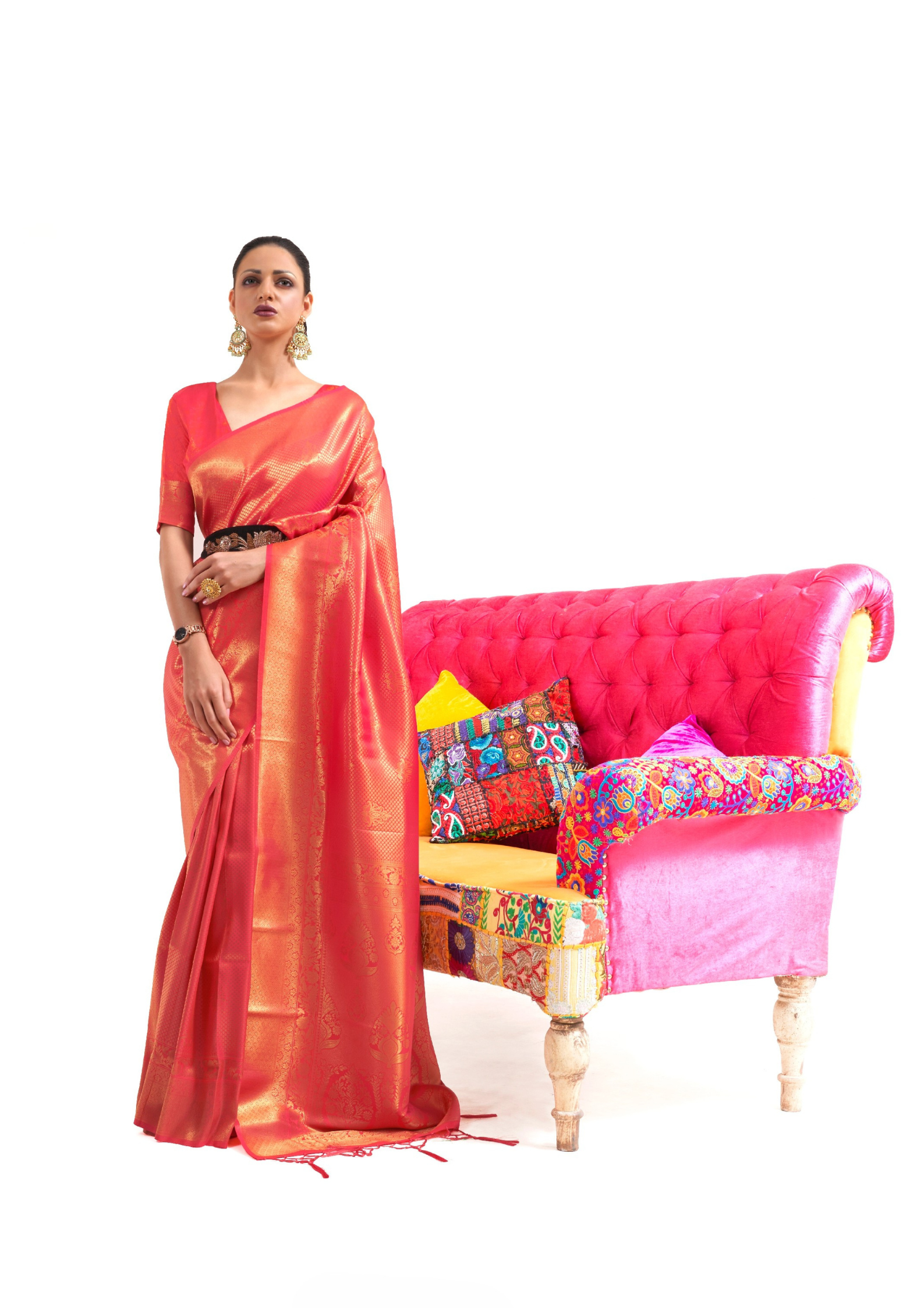 Kanjivaram Orange Handloom Weaving Saree