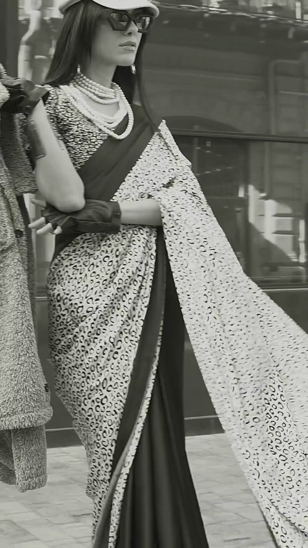 Black and White Leopard Print Satin Crepe Saree
