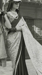 Black and White Leopard Print Satin Crepe Saree
