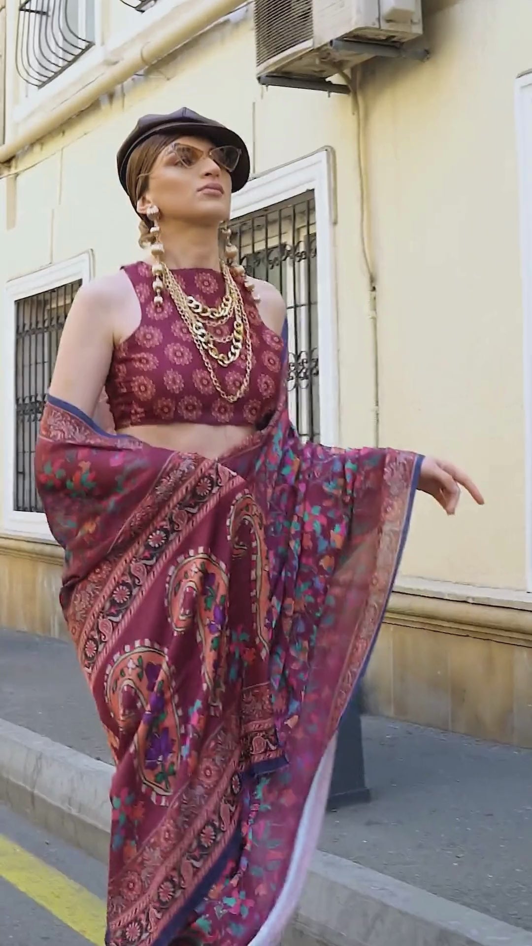 Royal Pink Multicolor Printed Satin Georgette Saree