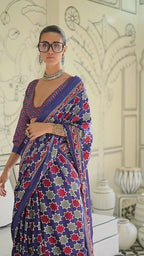 Blue Ajrakh Printed Satin crepe Saree