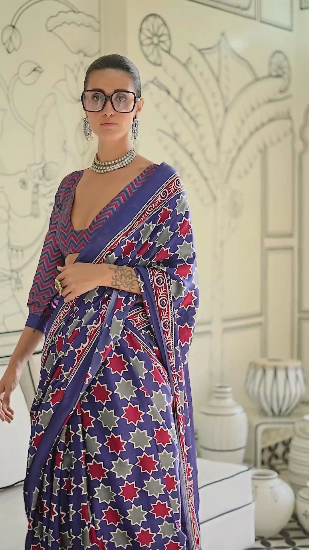 Blue Ajrakh Printed Satin crepe Saree
