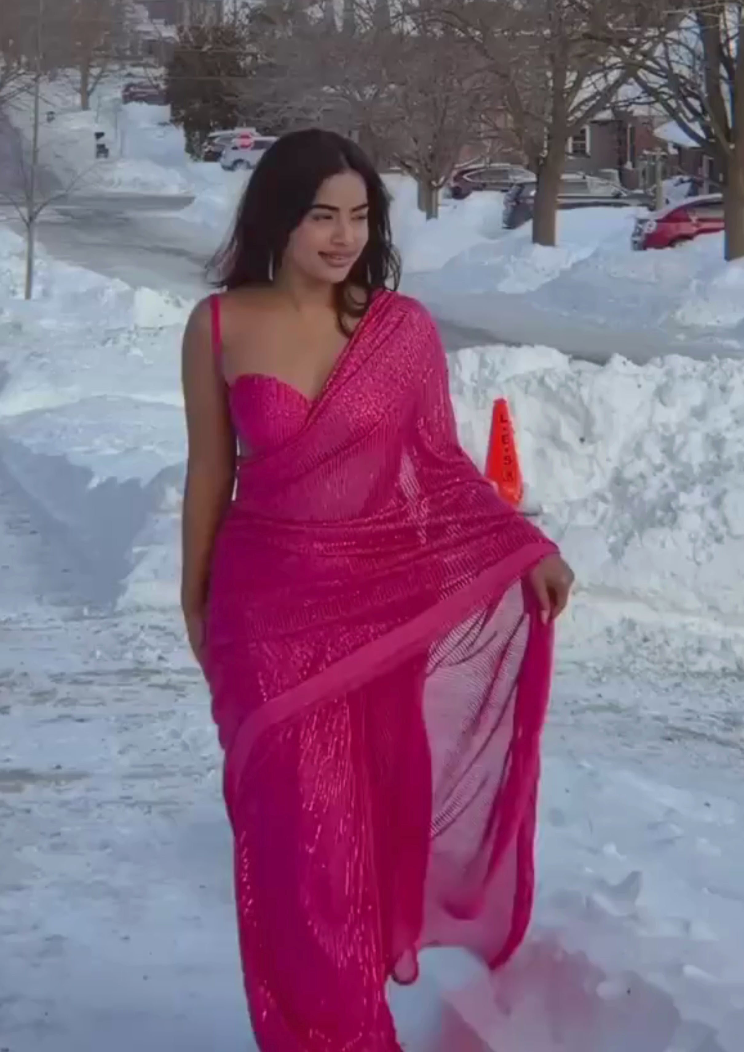 Shimmering Hot Pink Party Wear Georgette Saree