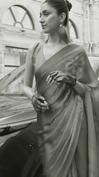 Bright Pink with Orange Shade Printed Satin Crepe Saree