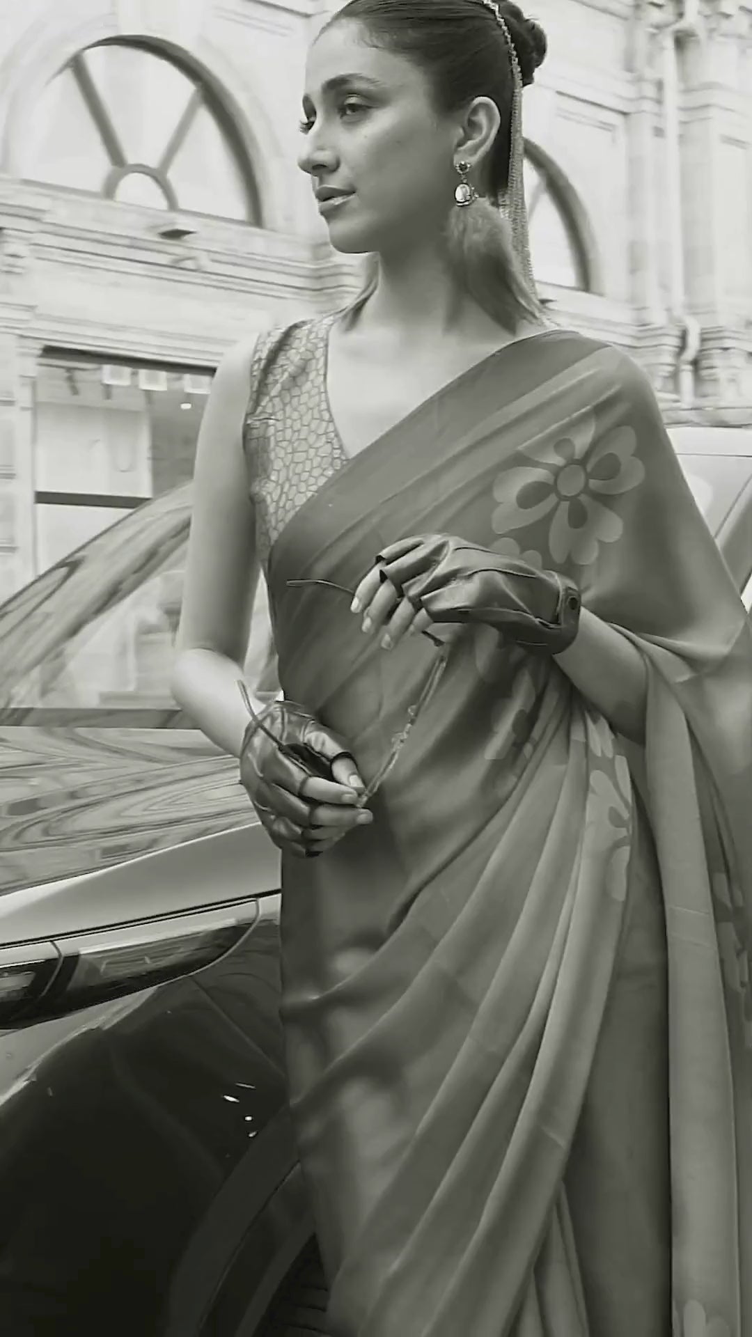Bright Pink with Orange Shade Printed Satin Crepe Saree