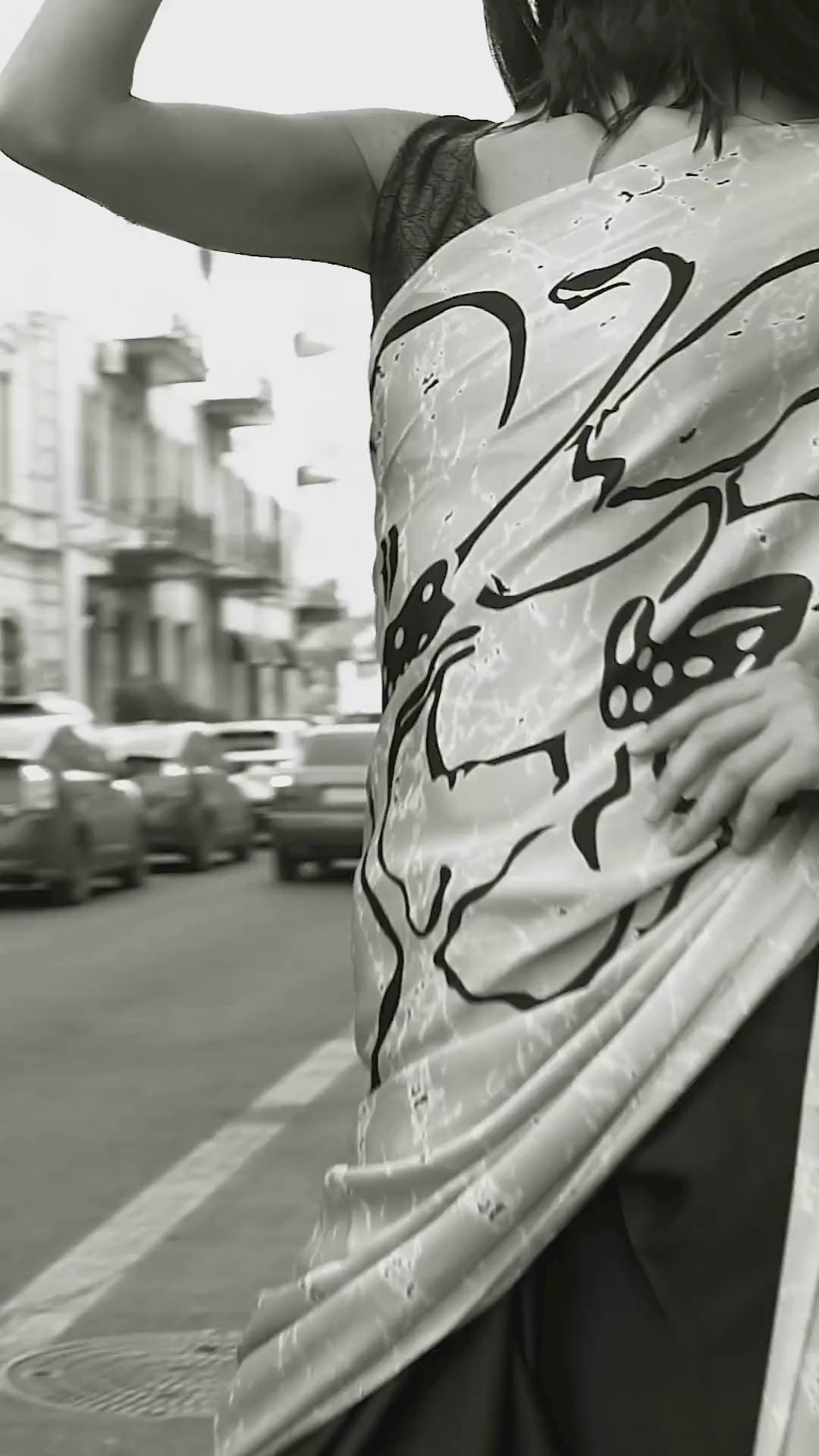 Light Base with Black Print Satin Crepe Saree