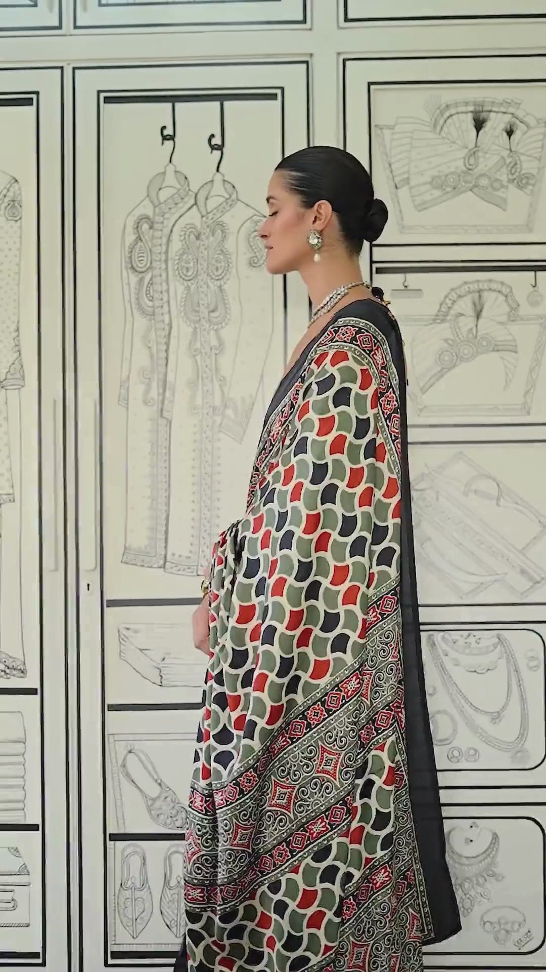 Green and Orange Ajrakh Printed Satin crepe Saree