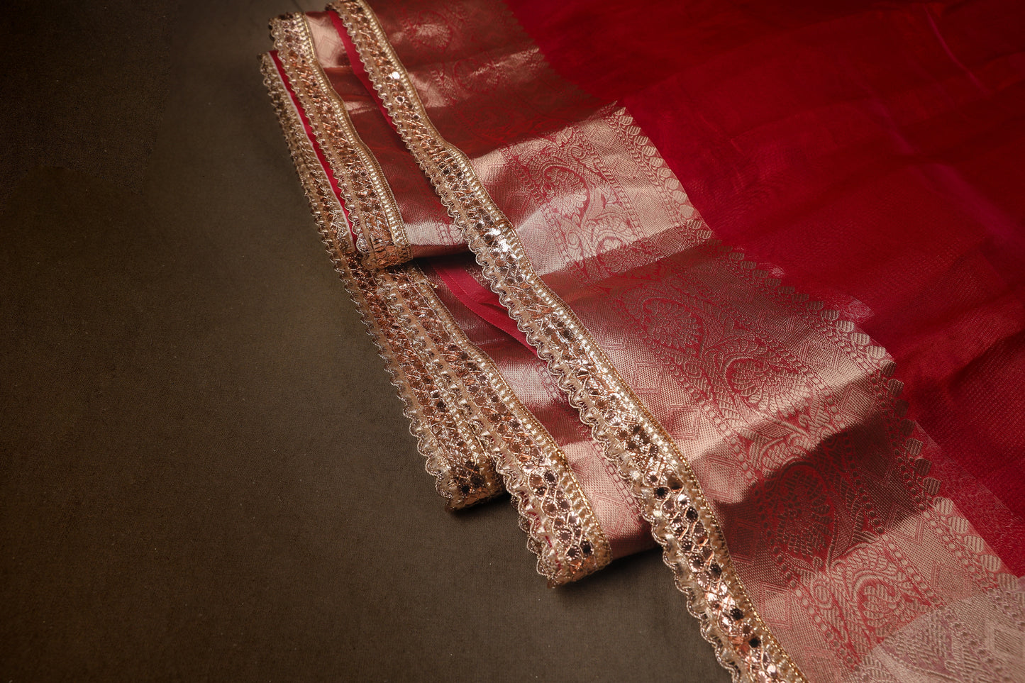 Red Tissue Saree with Golden Woven borders and Lace